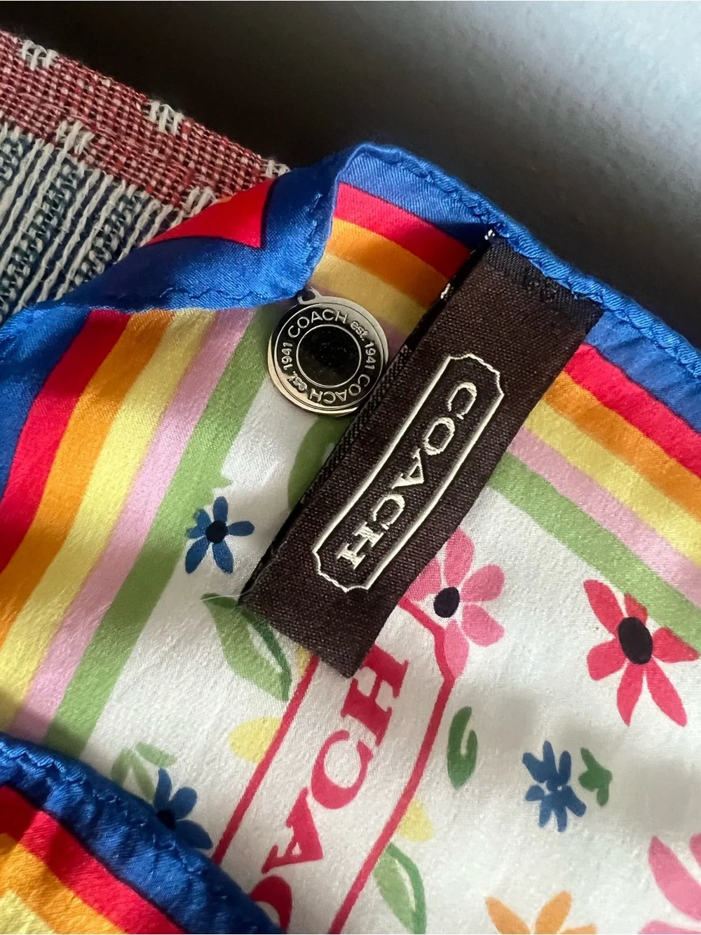 Coach Floral Rainbow Border Silk Scarf - White, Red, Blue, Yellow, Pink, Green